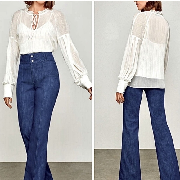 BCBG Top Large Metallic Shimmering New Off White Gold Striped Semi Sheer Boho - Picture 8 of 8